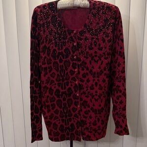 Quacker Factory Red and Black Jeweled Leopard Print Cardigan Size Large